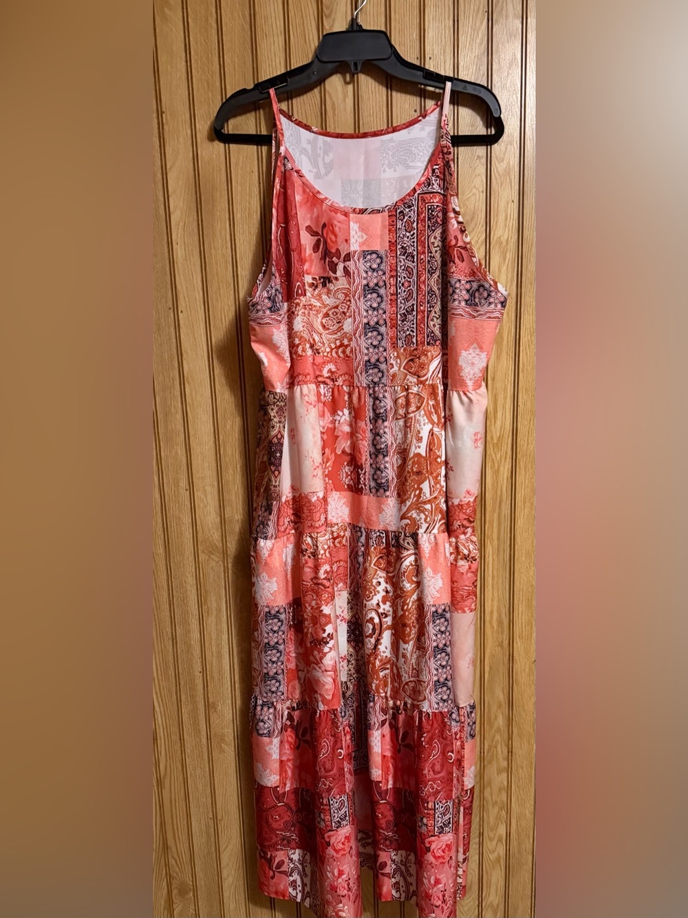 Sleeveless Coral Patchwork Maxi Dress with Spaghetti Straps
